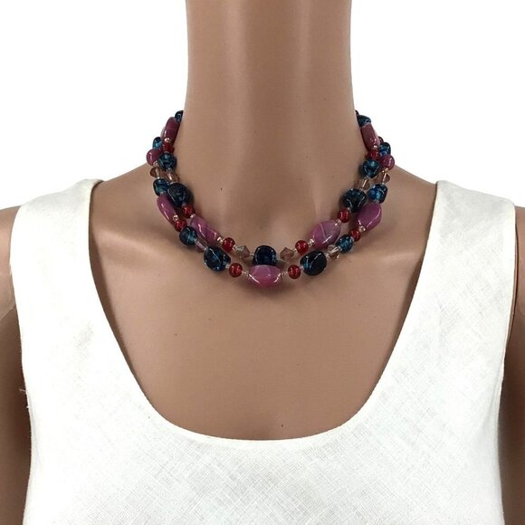JAPAN Glass Beaded Double Strand Necklace Blue Purple Red Pink Adjustable Length - Picture 3 of 3